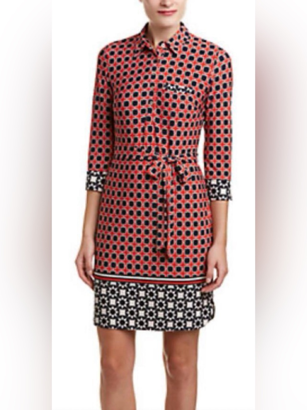 Donna Morgan Retro-Style Geometric Tie-Waist Shirt Dress